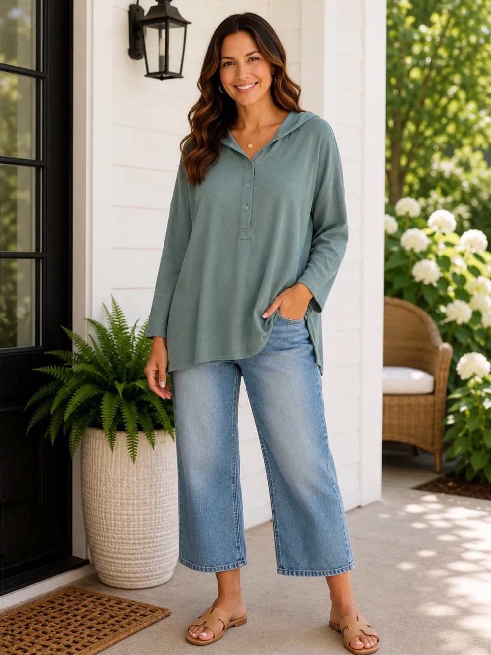 Yak N Yeti Relaxed Sage Green Hooded Henley Pullover